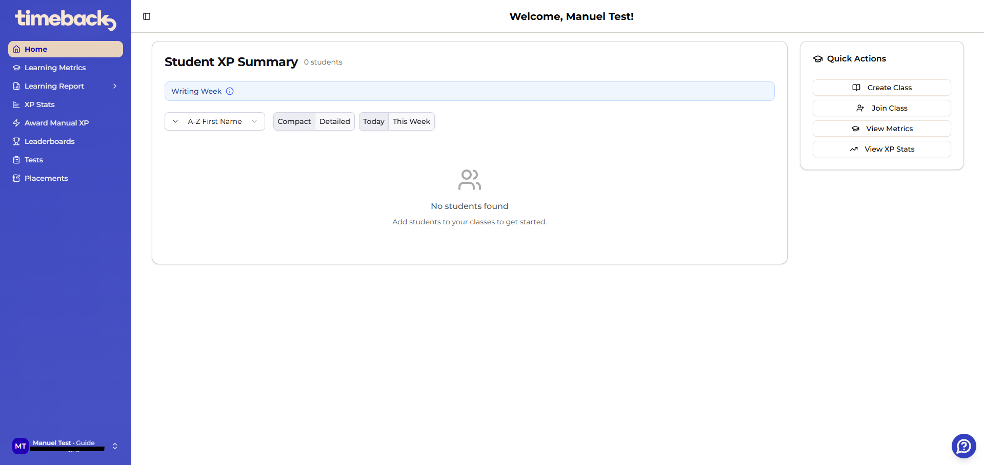 TimeBack Home page showing Student XP Summary with no students and Quick Actions including Create Class and Join Class.