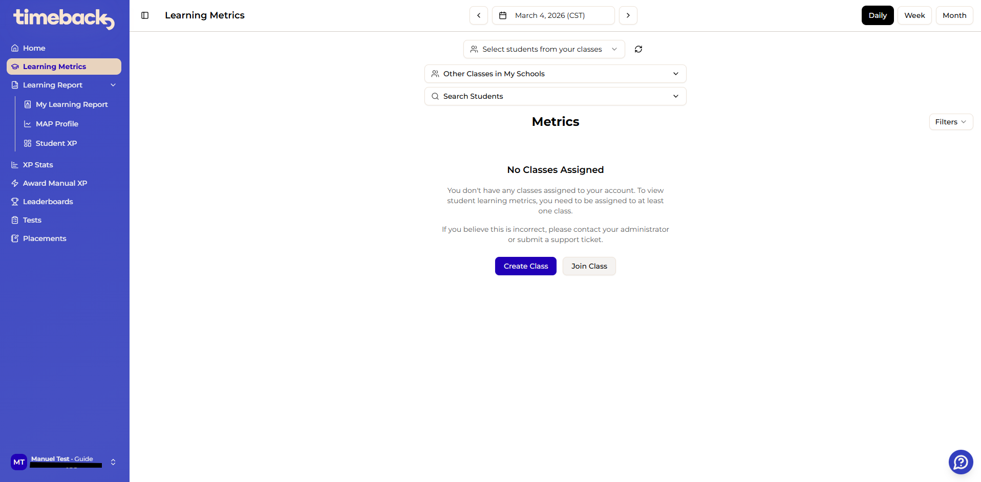 TimeBack Learning Metrics page showing 'No Classes Assigned' with Create Class and Join Class buttons.
